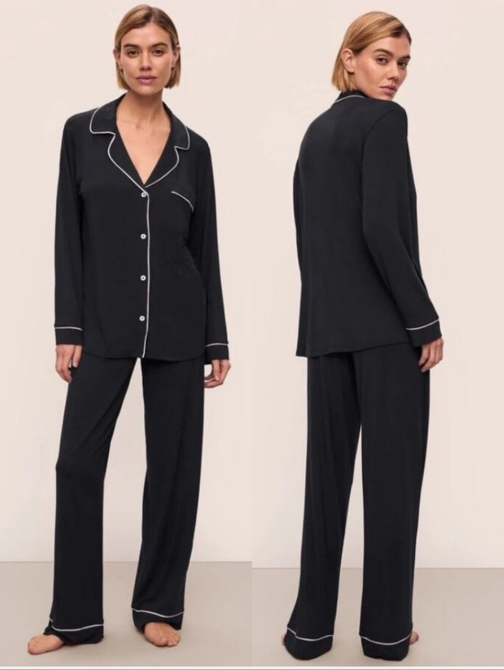 Eberjey Gisele Tencel modal black white trim button up long pajama set,-158.00